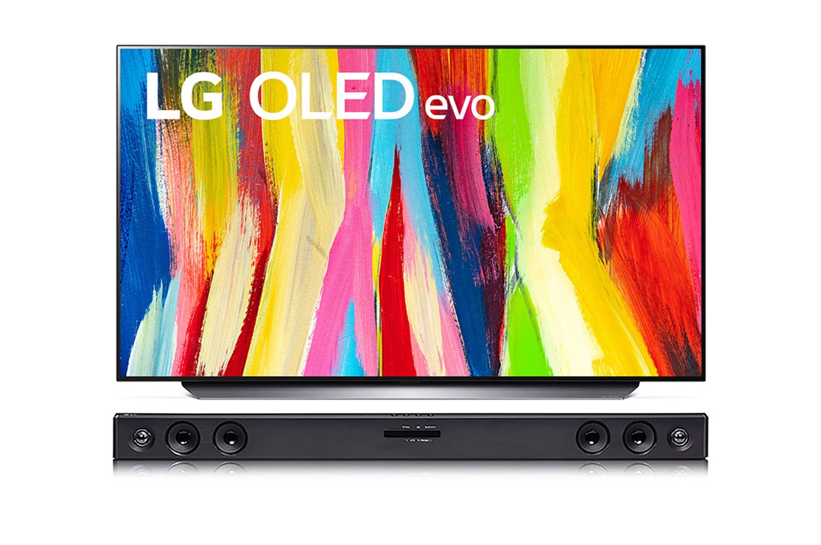LG OLED48C2PSA Front view and soundbar 