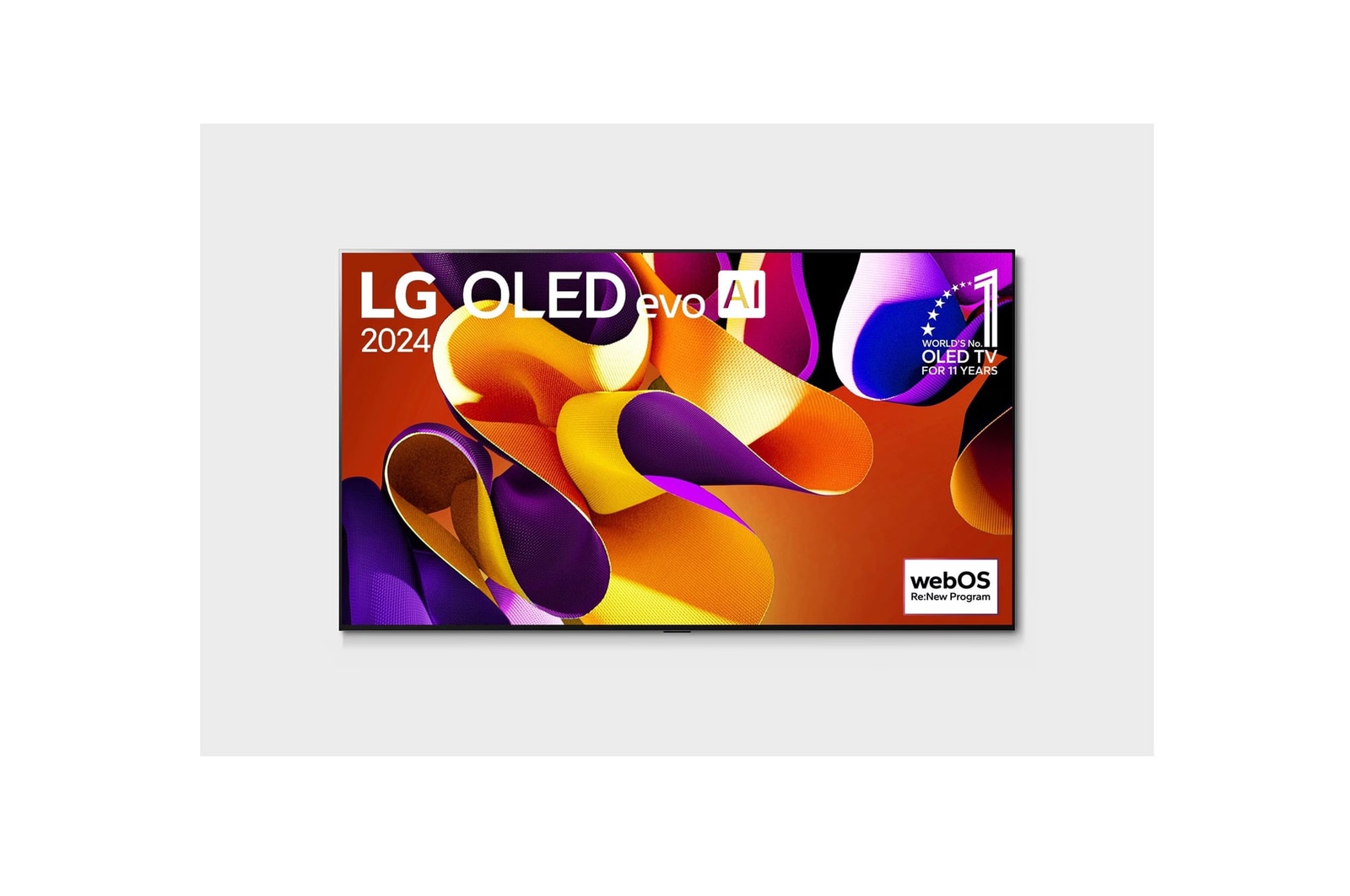 Vista frontal con la televisión LG OLED evo AI, la OLED G4, el emblema de 11 años siendo el número 1 mundial de OLED y el logotipo del programa webOS Re:New en la pantalla