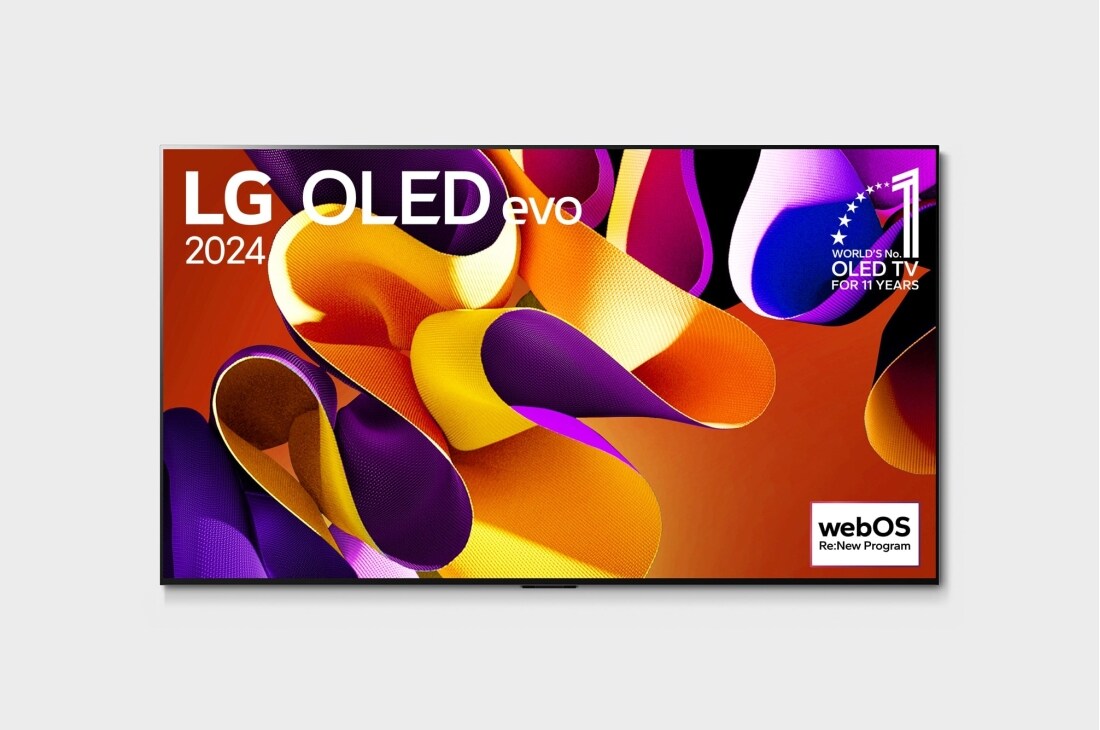 Vista frontal con la televisión LG OLED evo AI, la OLED G4, el emblema de 11 años siendo el número 1 mundial de OLED y el logotipo del programa webOS Re:New en la pantalla