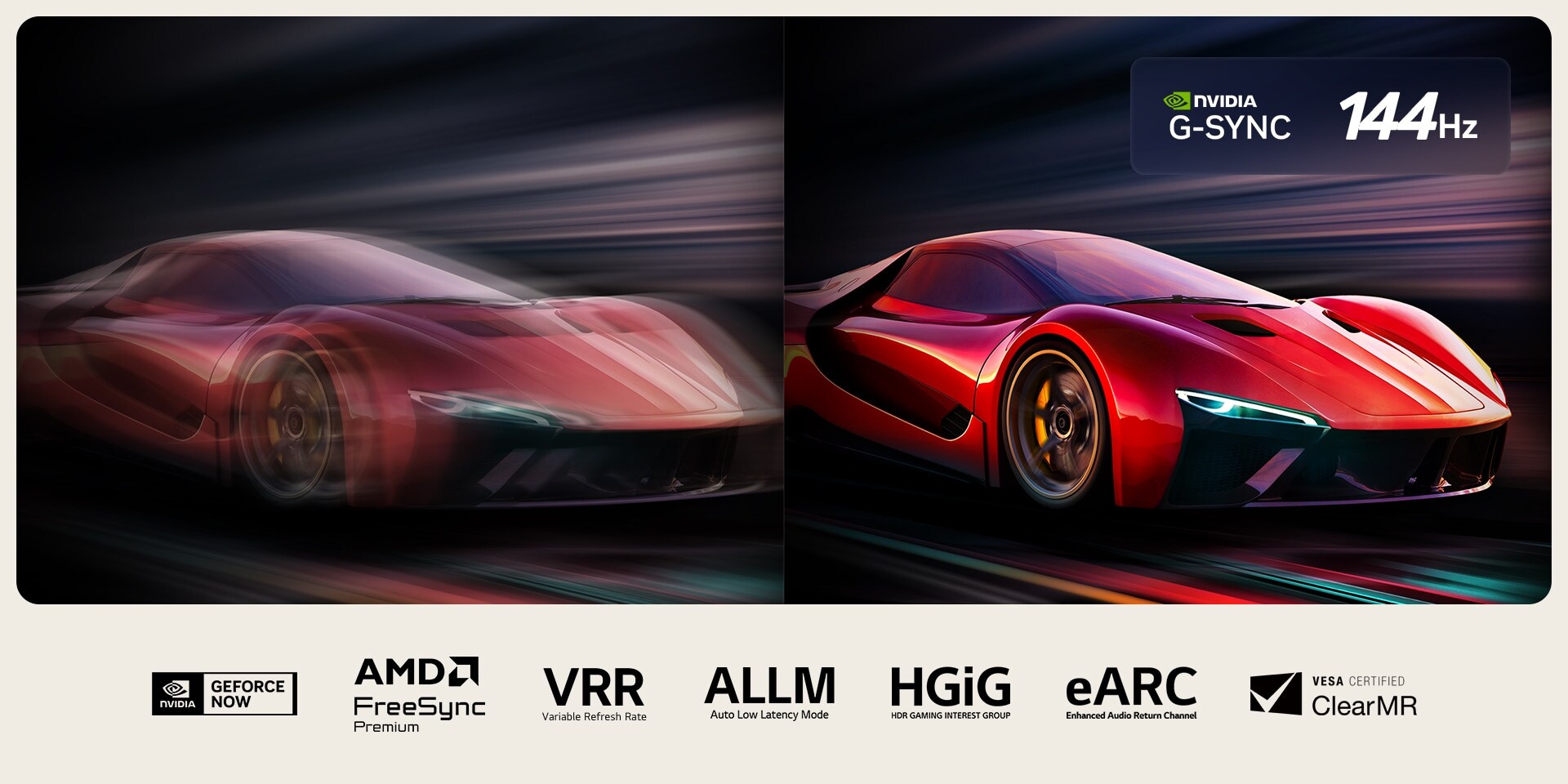 Dos imágenes de un automóvil en un videojuego, una al lado de la otra. Una muestra mucho desenfoque de movimiento. La otra es nítida y enfocada, lo que muestra la alta velocidad de cuadros del televisor LG OLED. Se ven el logotipo de Nvidia G-Sync y otras certificaciones relevantes.