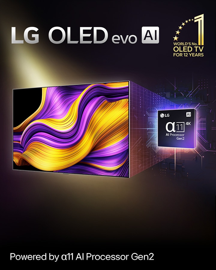 En la pantalla de un televisor LG OLED evo AI hay una imagen abstracta con detalles, colores y contrastes impresionantes. Detrás del televisor hay una versión ampliada del procesador Alpha 11 4K AI de segunda generación. Brilla con luz que ilumina los circuitos de microchip que lo rodean. El título dice LG OLED evo AI. También se ve el texto "Powered by LG Alpha AI Processor". En la esquina hay un logotipo dorado con estrellas que dice "World's number one OLED TV for 12 years" (El televisor OLED número uno del mundo durante 12 años).