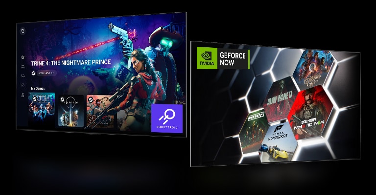 Una imagen de la pantalla de inicio de Boosteroid que muestra "Trine 4: The Nightmare Price" y otra imagen de la pantalla de inicio de GeForce NOW que muestra cinco miniaturas de juegos diferentes.