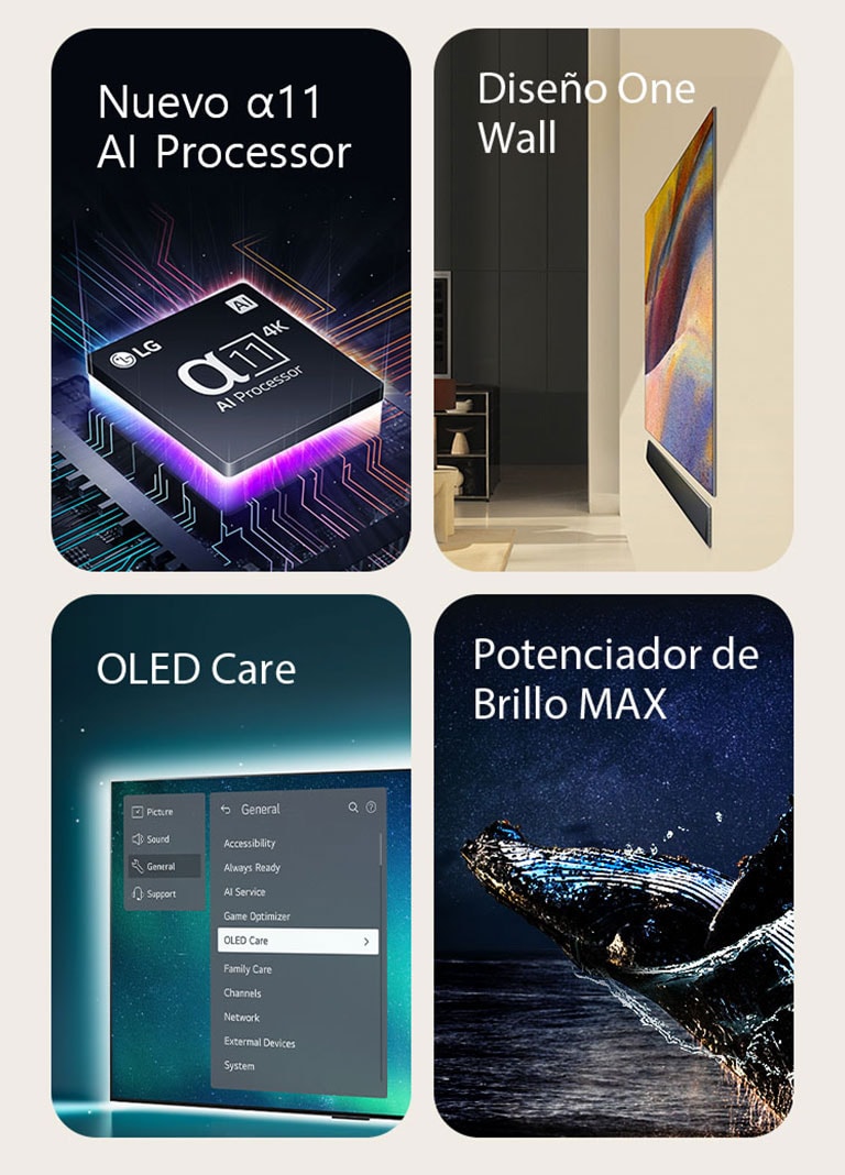 Una imagen del procesadorAlpha 11 AI 4K encima de una placa base, emitiendo rayos de luz morado y rosa. Una vista lateral del diseño One Wall de LG OLED G4 y LG Soundbar apoyado contra la pared en un espacio habitable moderno. Se selecciona una imagen del televisor OLED con el menú OLED Care en el menú de soporte que se encuentra arriba en la pantalla. Una imagen que muestra Potenciador de Brillo MAX con una ballena saltando fuera del agua ante un cielo nocturno estrellado.