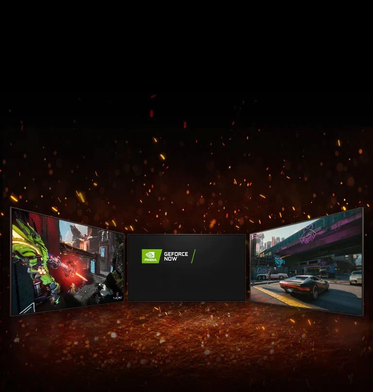 Se muestran tres televisores. En el medio, la pantalla muestra dos logotipos colocados en diagonal: el logotipo de NVIDIA GeFORCE NOW y el logotipo de STADIA. A la izquierda, los programas de televisión Splitgate y a la derecha, los programas de televisión Cyberpunk 2077.