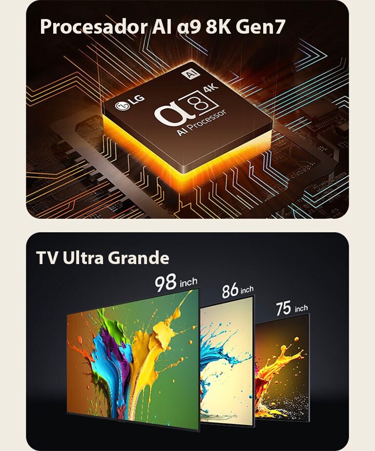 El procesador Alpha 9 AI 4K se muestra con una luz verde que emana desde abajo. Los televisores LG QNED89, QNED90 y QNED99 se muestran en orden de izquierda a derecha. Cada televisor muestra un toque de color y las palabras "Ultra Big TV" se muestran encima de los televisores.