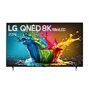 Vista frontal de LG QNED MiniLED QNED99 75QNED99TSA con texto de LG QNED MiniLED, 2024, y logo del programa webOS Re:New en la pantalla.