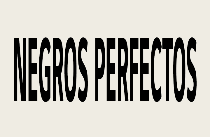 Las palabras "PERFECT BLACK" aparecen en mayúsculas negras en negrita. Una escena montañosa negra con una definición nítida se eleva para cubrir las letras, revelando también un pueblo y dunas de arena. La copia negra desaparece detrás de un cielo negro.