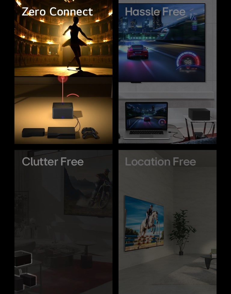 Se muestran cuatro imágenes. El primero muestra una Zero Connect Box colocada frente al LG SIGNATURE OLED M4 que muestra a un bailarín en un teatro en la pantalla y las palabras "Zero Connect" en la parte superior izquierda. El segundo muestra un juego de carreras de autos tanto en el LG SIGNATURE OLED M4 colgado en la pared como en una computadora portátil en una sala de estar, con una Zero Connect Box al costado y las palabras "Hassle Free" en la parte superior izquierda. El tercero muestra una Zero Connect Box con múltiples dispositivos debajo resaltados en una imagen oscura de una sala de estar y las palabras "Clutter Free" en la parte superior izquierda. El cuarto muestra LG SIGNATURE OLED M4 en una perspectiva en ángulo sobre un soporte en una sala de estar y las palabras "Ubicación libre" en la parte superior izquierda.