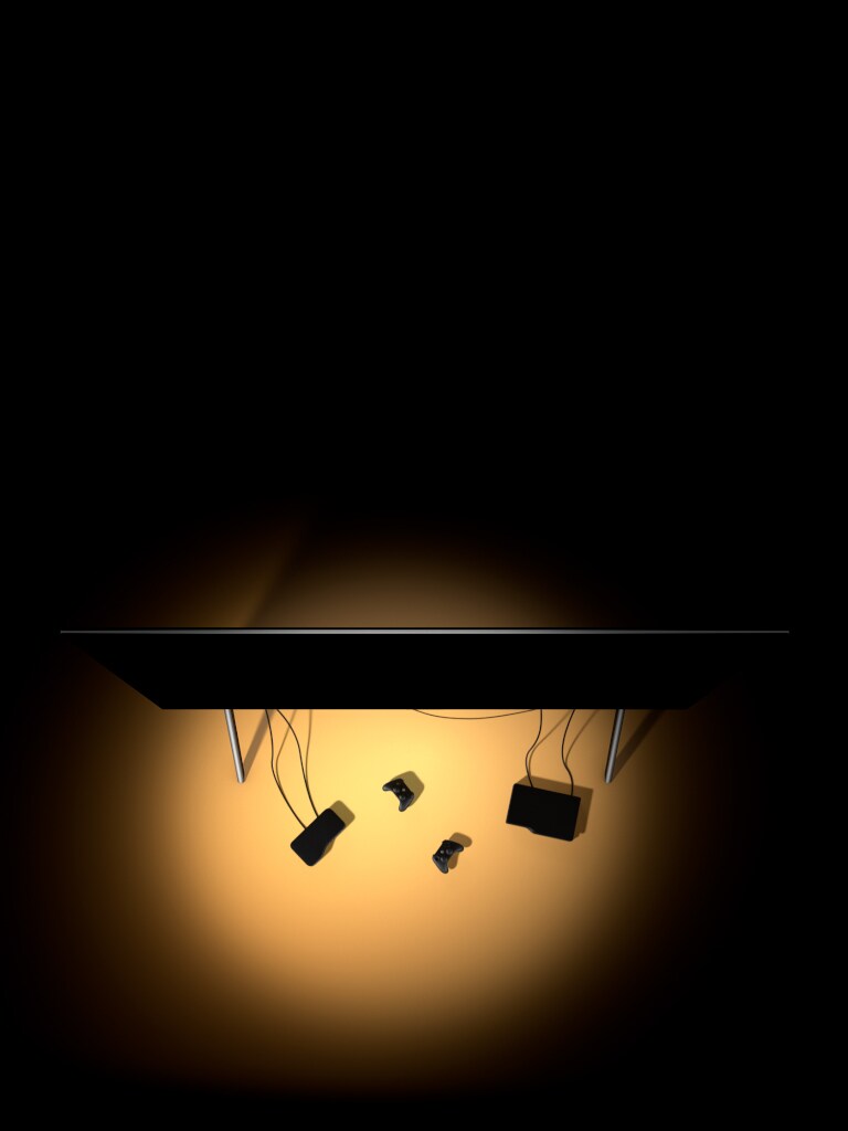 LG SIGNATURE OLED M4 desde un ángulo alto en un espacio oscuro iluminado por un foco, con múltiples consolas y dispositivos conectados a él mediante cables que parecen desordenados antes de desvanecerse. Zero Connect Box aparece con dispositivos y consolas cuidadosamente organizados detrás de él, aparece una señal de Wi-Fi roja y se emite un rayo rojo hacia el televisor mientras la perspectiva gira hacia abajo para mostrar una vista completa del televisor.