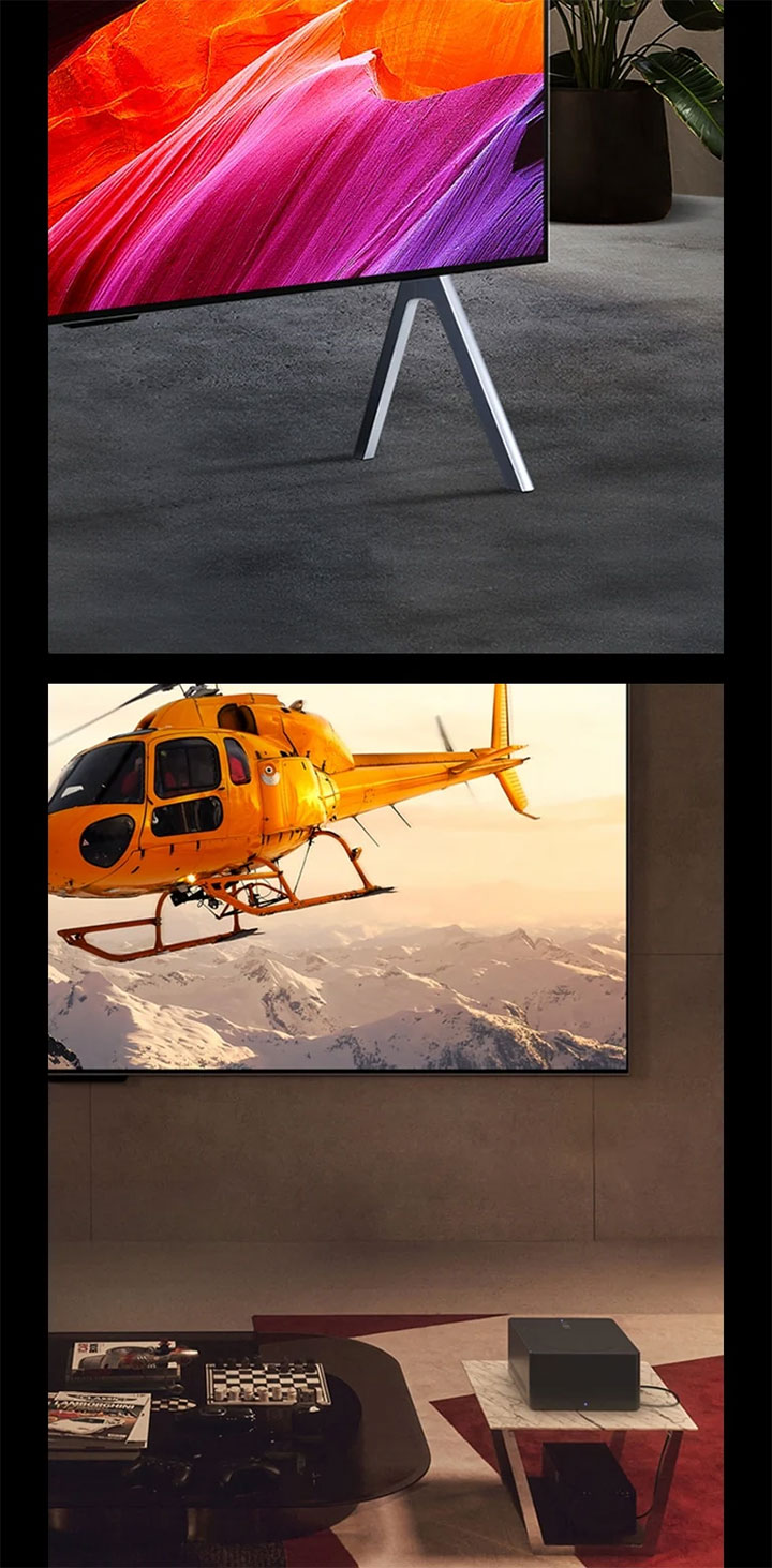 A la izquierda, una perspectiva en ángulo de primer plano del LG SIGNATURE OLED M4 sobre un soporte y arte abstracto en rosa y naranja en la pantalla. A la derecha, Zero Connect Box sobre una mesa pequeña frente al LG SIGNATURE OLED M4 montado en la pared y una imagen brillante de un helicóptero naranja sobre montañas nevadas.