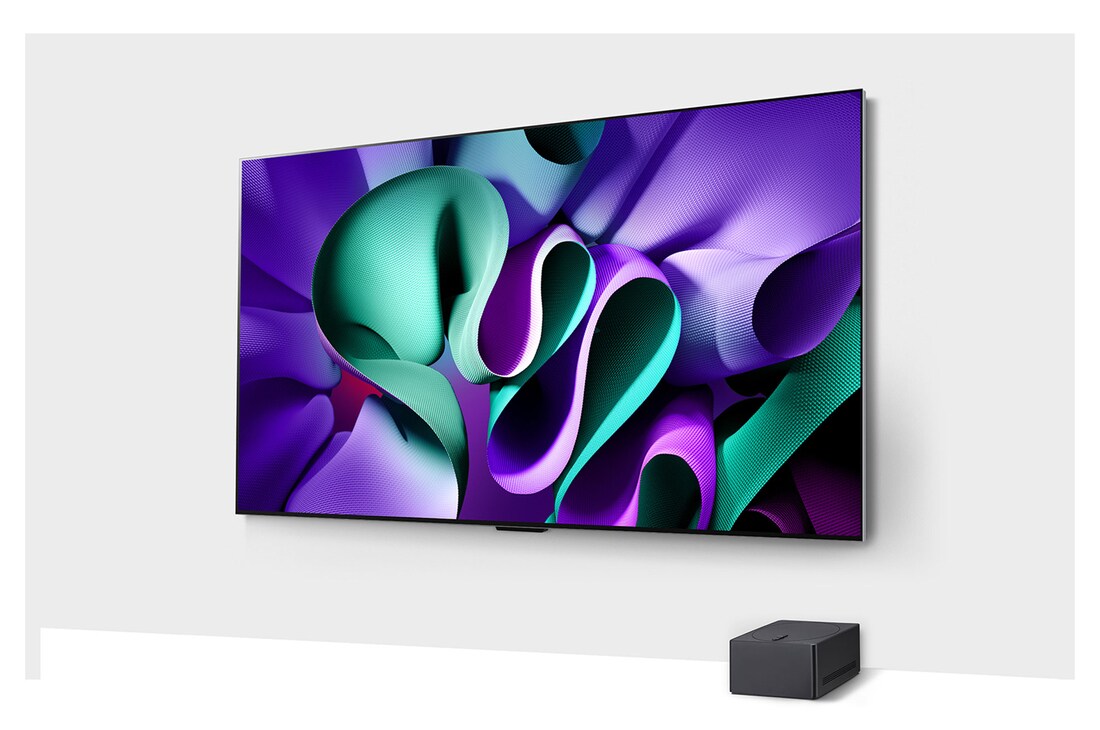 Left-facing side view of LG OLED TV, OLED M4 SIGNATURE on a stand, and a Zero Connect Box placed below the TV