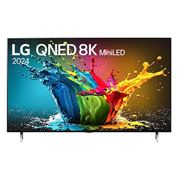 Vista frontal de LG QNED MiniLED QNED99 75QNED99TSA con texto de LG QNED MiniLED, 2024, y logo del programa webOS Re:New en la pantalla.