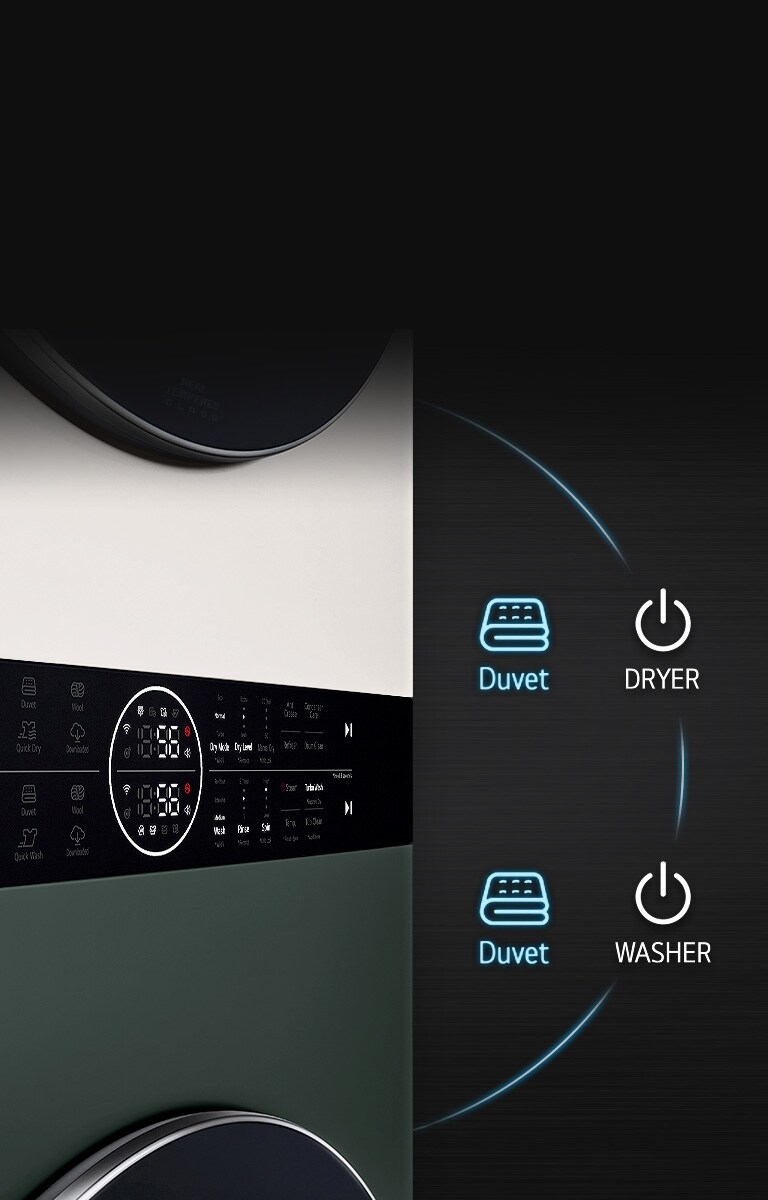 Imagen del panel del producto con los botones Duvet de la secadora y la lavadora resaltados.