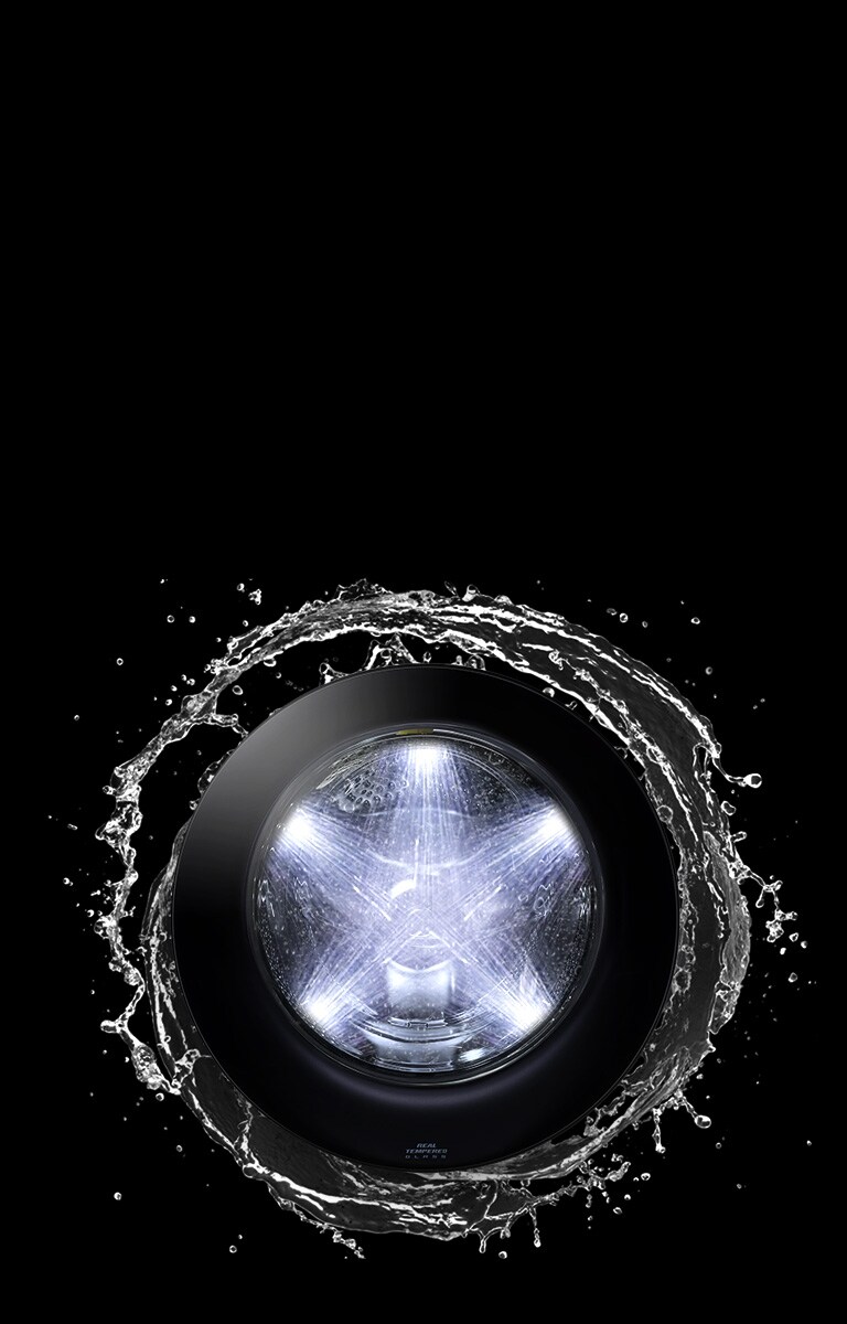La puerta de la lavadora muestra cinco chorros de agua iluminados fluyendo hacia adentro, rodeados por otro chorro.
