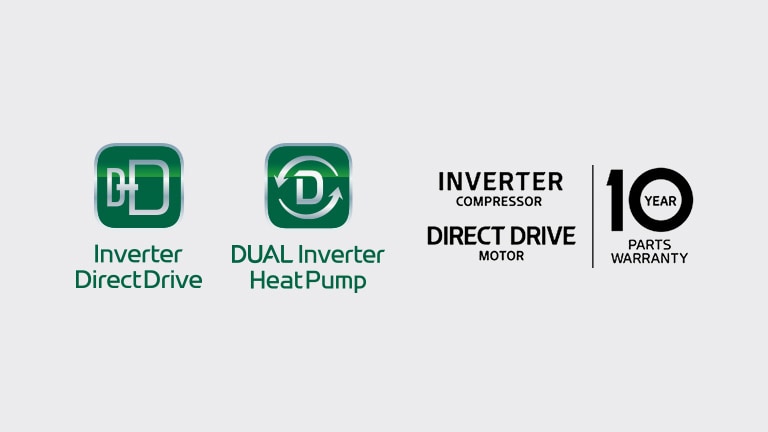 Fondo con ondas suaves y el logotipo de Inverter DirectDrive, destacando 10 años de garantía.