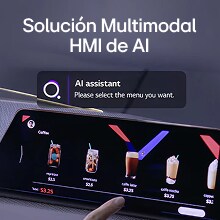 Un usuario interactúa con una pantalla táctil equipada con la solución multimodal HMI AI, eligiendo una opción del menú de café con la ayuda del asistente AI.