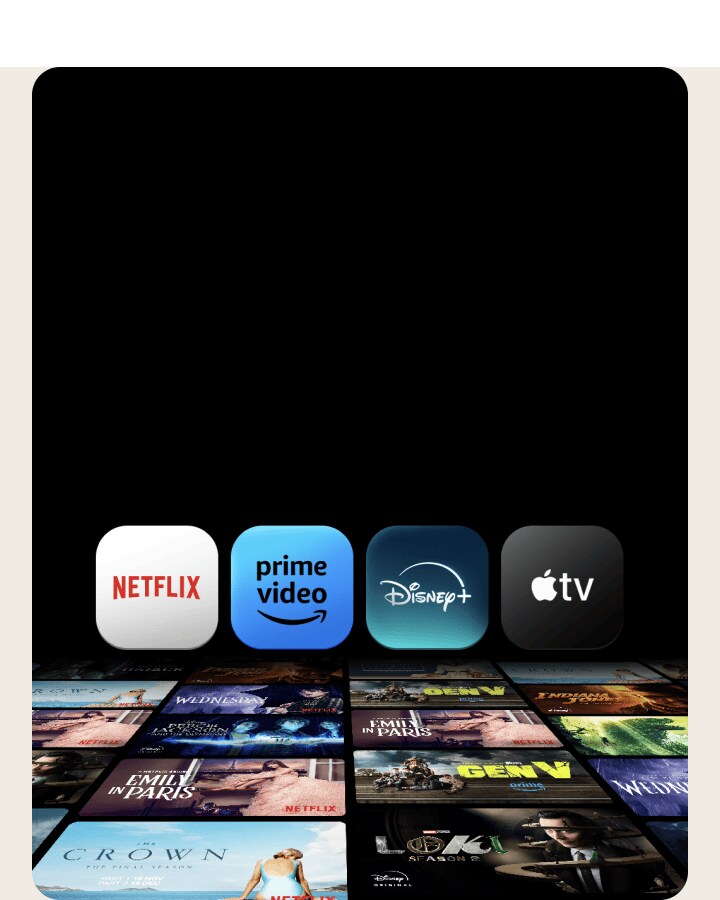 Las miniaturas de los programas de televisión aparecen desplegadas en la pantalla sobre un fondo negro, y encima aparecen los siguientes logotipos: Netflix, Prime Video, Disney+, Apple TV.