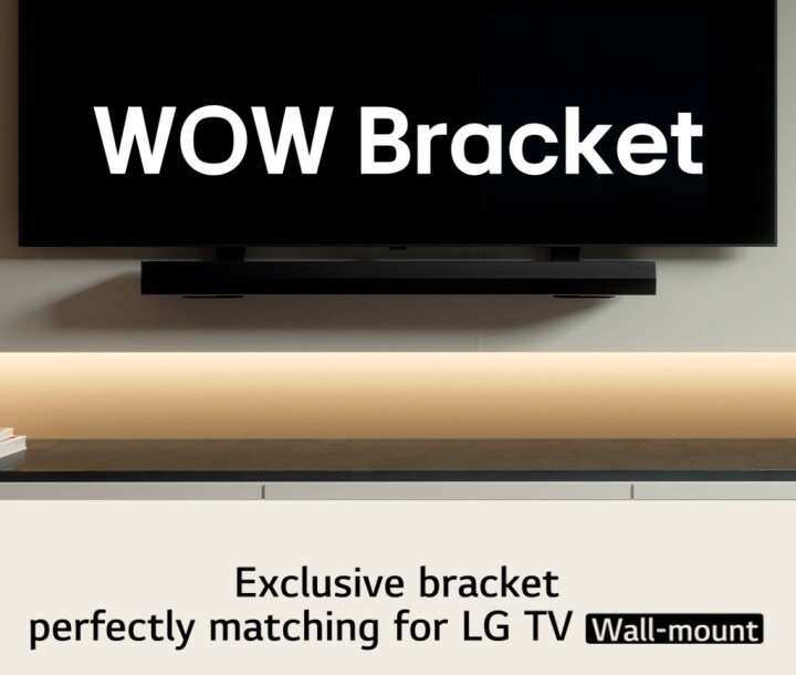 Primer plano de una LG TV y una LG Soundbar. La televisión y la Soundbar desaparecen, y aparecen unas líneas blancas en forma de televisión y Soundbar. Detrás de ellas aparece un soporte Synergy que se utiliza como soporte conforme la TV y la soundbar vuelven a desaparecer. A continuación, la escena se desplaza hacia otra pared mostrando unas líneas que se convierten en una televisión y una Soundbar montadas en la pared con un soporte Synergy detrás.