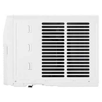 Right-side rear view of a window air conditioner with exhaust vents