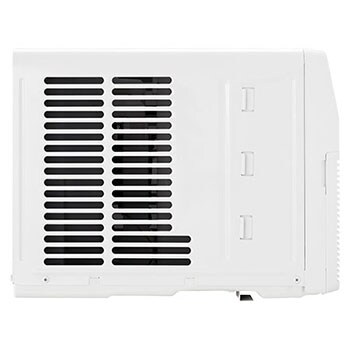 Left-side rear view of a window air conditioner with exhaust vents