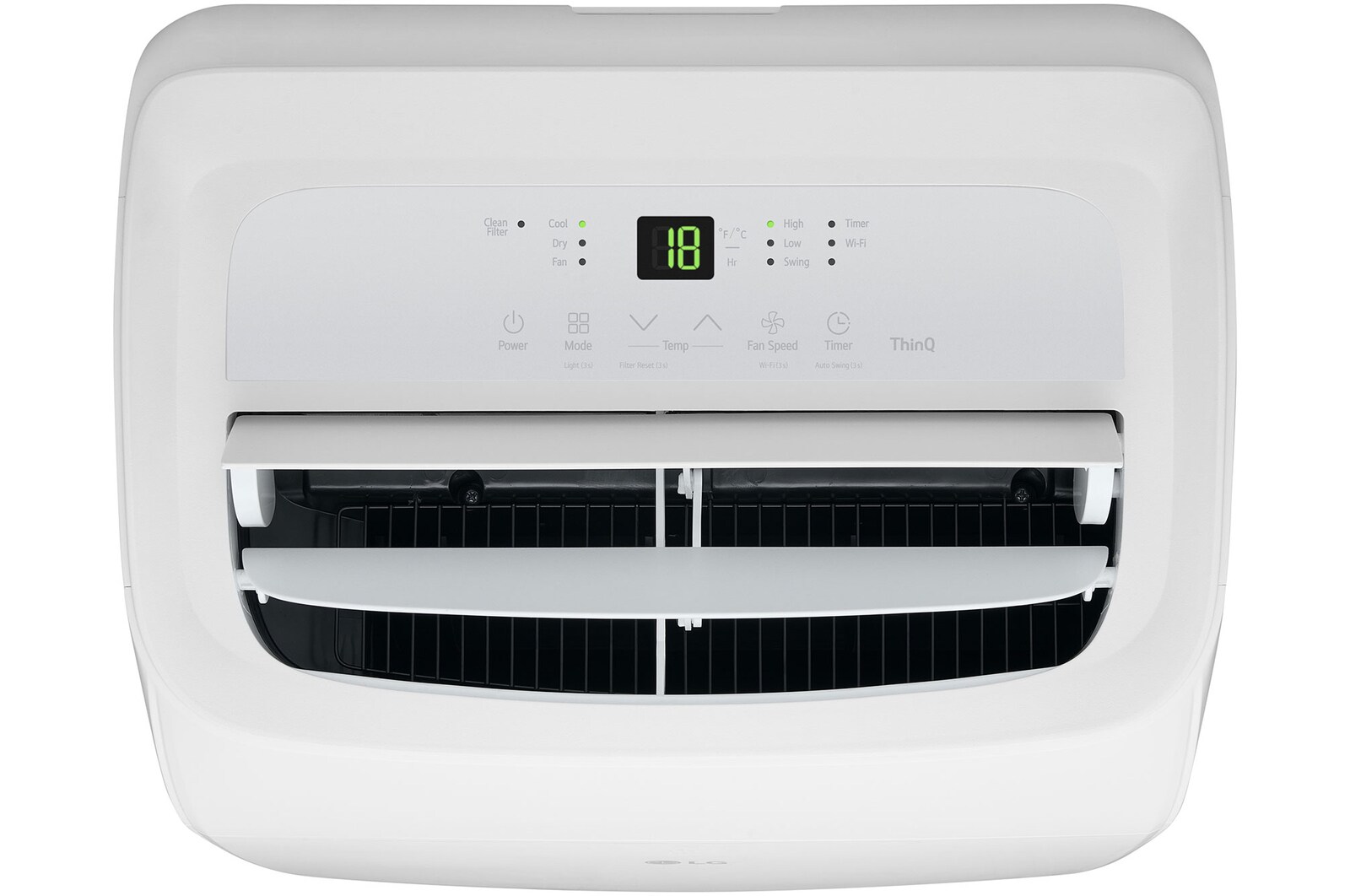 Close-up of a portable air conditioner's control panel with power on