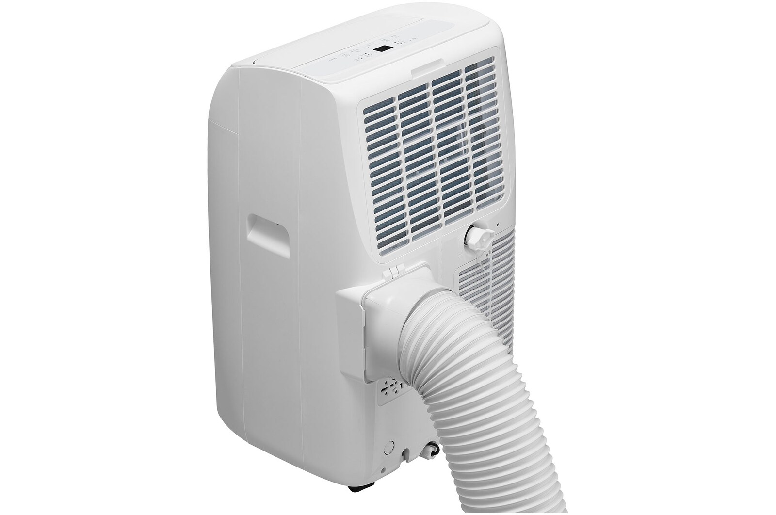 Rear-side view of a portable air conditioner with an attached exhaust hose