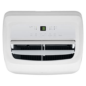 Close-up of a portable air conditioner's control panel with power on