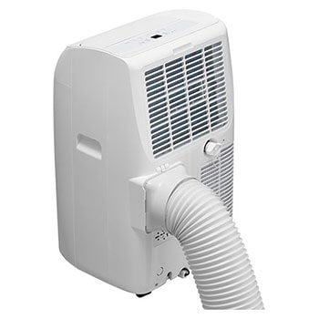Rear-side view of a portable air conditioner with an attached exhaust hose