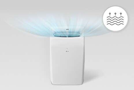 Acondicionador de aire portátil con sistema de evaporación automática e ilustración del flujo de aire.