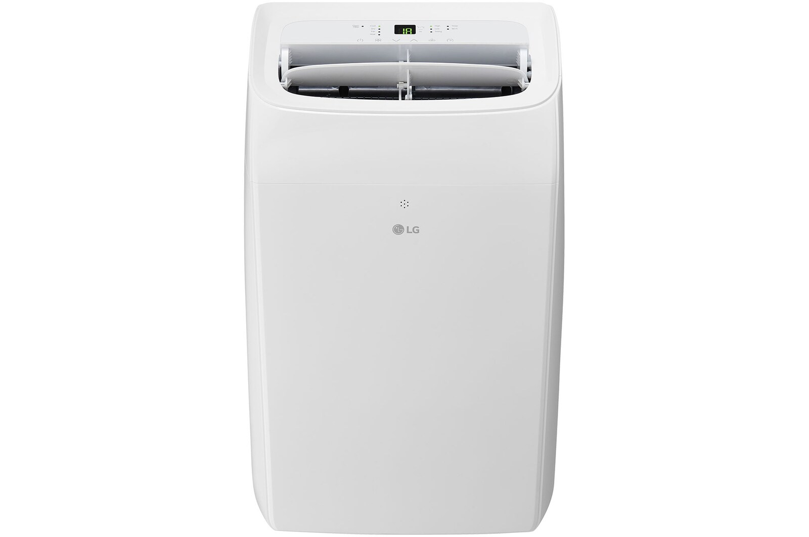 Front view of a portable air conditioner with power on