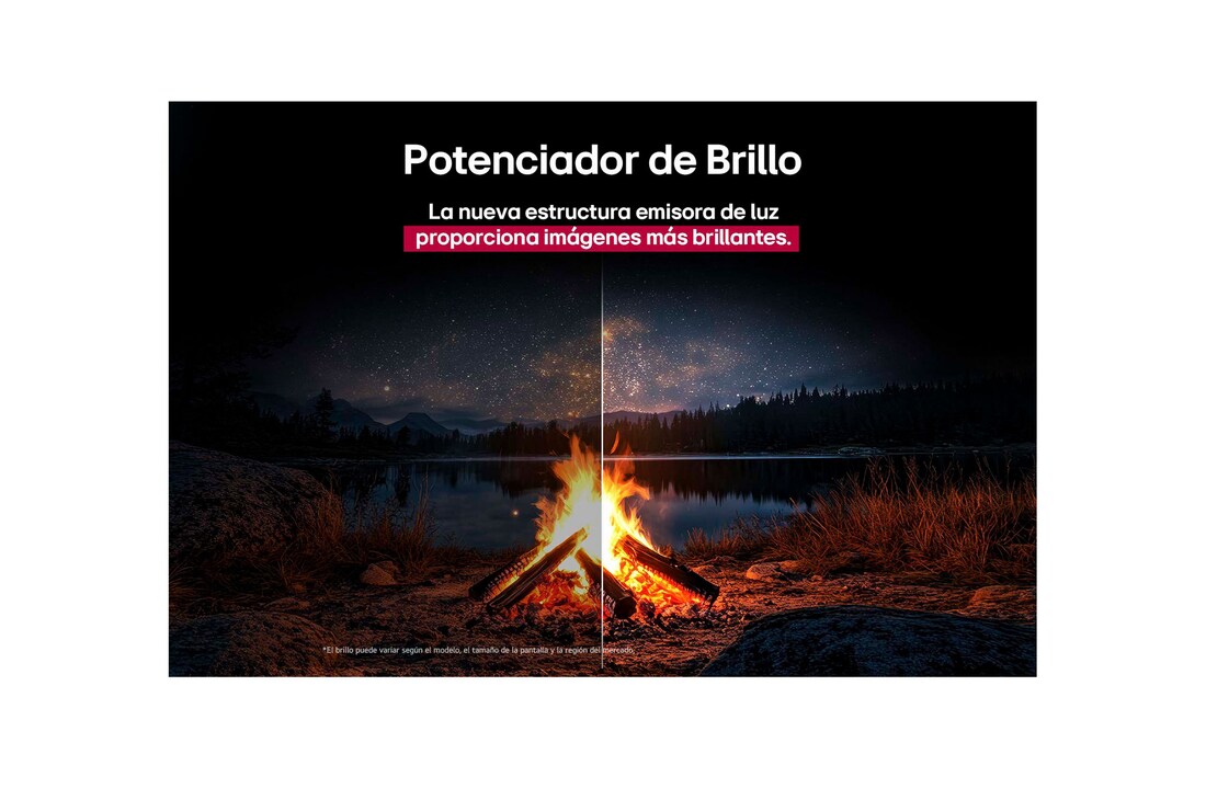 Campfire at night in the middle of nature. In the distance is a forest and lake. The evening sky is filled with stars. The whole scene is split in half. One side is darker and duller. The other half is remarkably brighter, showcasing the impressive brilliance from Brightness Booster. 