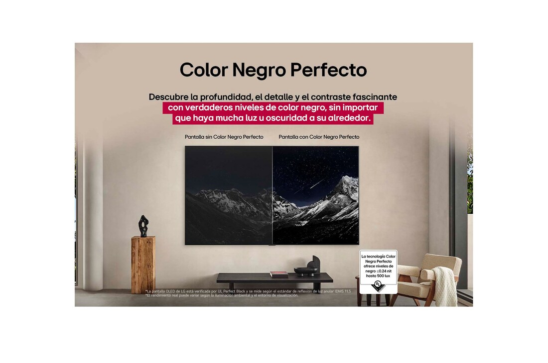 Living room space with a wall-mounted LG OLED TV. On the TV is a mountain range against a dark evening sky filled with stars. This scene is split in half. One side shows a duller, grayer version of the landscape labeled, Non Perfect Black display. On the other side is a more pleasing picture with a larger dynamic range of blacks and whites. This is labeled, Perfect Black display. Logo certification is also visible, Perfect Black Technology delivers black levels less than or equal to 0.24 nit up to 500 lux. 
