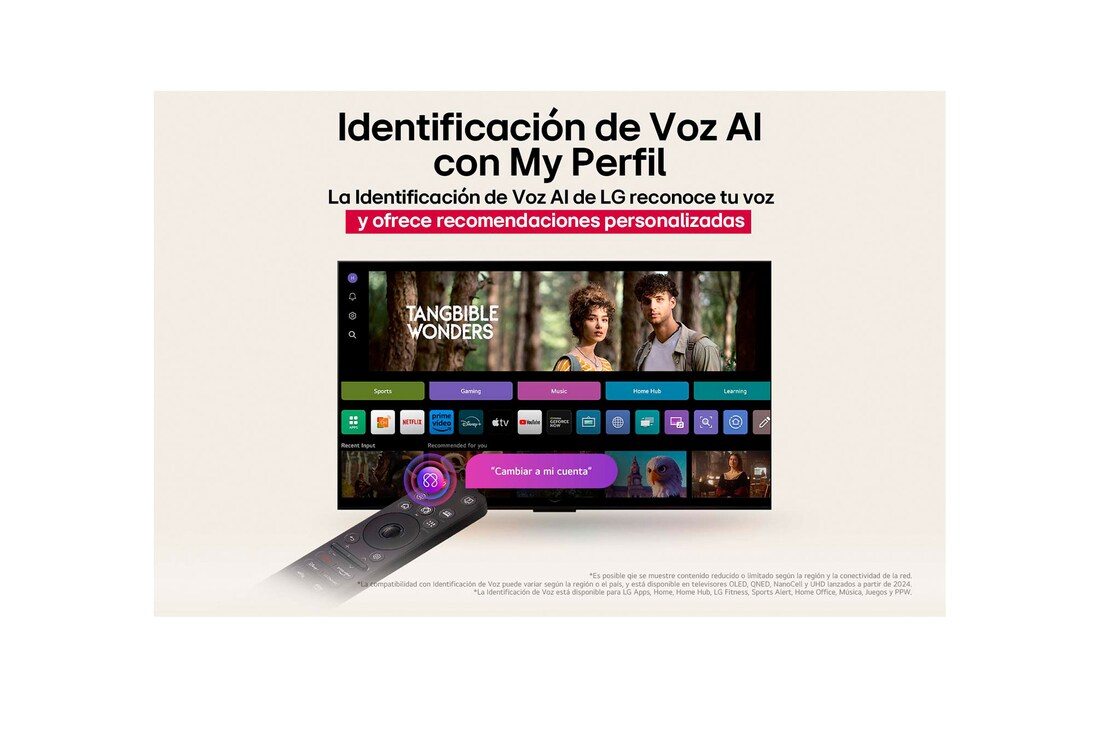 On an LG OLED TV screen is the webOS 25 home page filled with apps and entertainment content. By the TV is the LG AI Magic Remote, the AI button is highlighted as if activated by the user's voice. A speech bubble is beside it, switching to my account. The short text explains how users can now synchronize their voice to their personal profile for easier navigation and personalized recommendations.