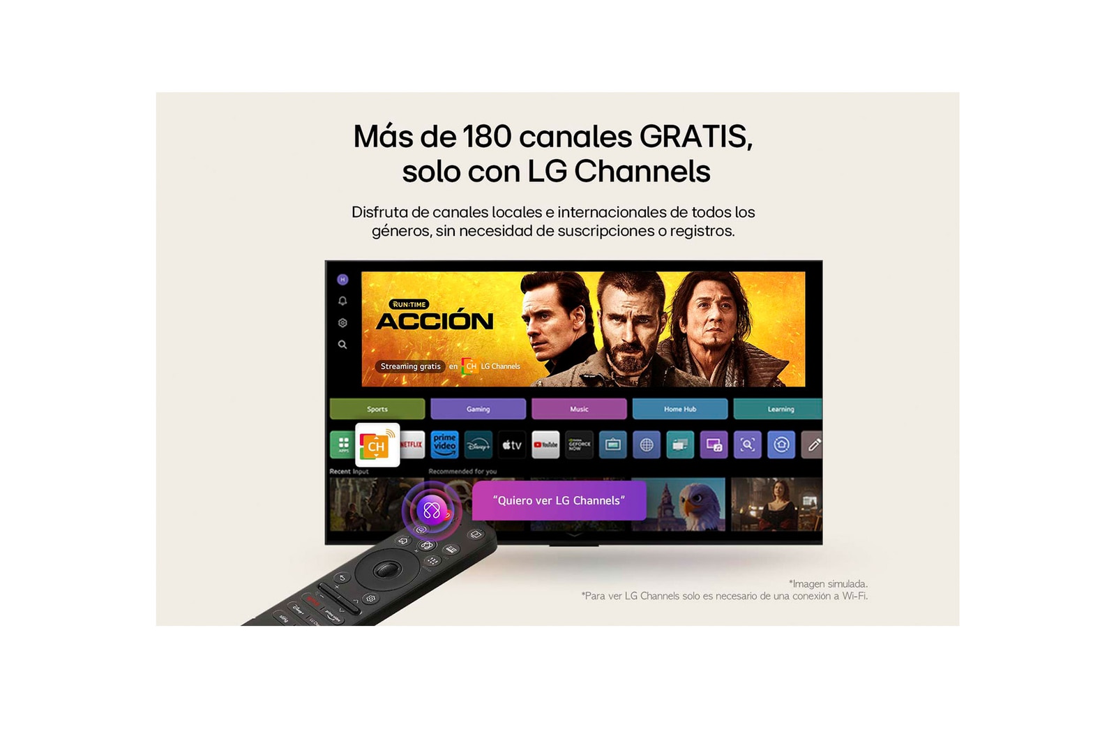 LG AI Magic Remote in the foreground. The AI button icon is highlighted. In the background is the LG webOS UI. The mouse cursor implies that the remote is in use. Text explains how the remote's functions and controls make navigating webOS easy. 