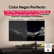 Sala de estar con una LG OLED TV montada en la pared. En la TV, se muestra una cadena montañosa bajo un cielo nocturno oscuro lleno de estrellas. Esta escena está dividida a la mitad para mostrar cómo Negro Perfecto ofrece verdaderos niveles de negro, ya sea que haya luz u oscuridad a tu alrededor. Una mitad de la imagen muestra una versión más opaca y gris del paisaje, con la etiqueta: Pantalla mate. La otra mitad muestra una imagen más atractiva con un mayor rango dinámico de negros y blancos. Esta mitad dice: Pantalla negro perfecto. También puede verse el logotipo de certificación: La tecnología Negro Perfecto ofrece niveles de negro inferiores o iguales a 0,24 nit y hasta 500 lux. A su lado, hay un globo de texto que dice: Verifica la marca de certificación Negro Perfecto.