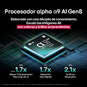 El procesador alpha 9 AI Gen8 se ilumina con diferentes tonos de azul y de él salen rayos de luz que resaltan sus circuitos. Se muestran estadísticas de rendimiento. Procesamiento neuronal de IA 1.7 veces superior, unidad de procesamiento neuronal (Neural Processing Unit, NPU). Operación 1.7 veces más rápida, unidad central de procesamiento (Central Processing Unit, CPU). Gráficos 2.1 veces mejorados, unidad de procesamiento gráfico (Graphics Processing Unit, GPU).