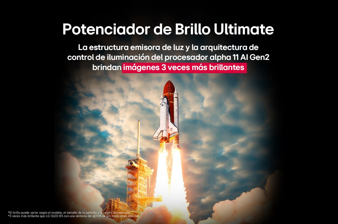 A space shuttle launching from the ground. The scene is split in the middle with one half slightly darker and duller. The other half shows how the rocket blast is remarkably bright, demonstrating how bright visuals can be on an LG OLED TV screen with the light emitting structure and lighting control architecture of Brightness Booster Ultimate.