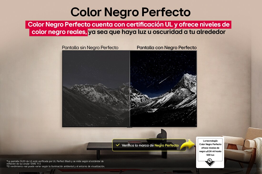 Living room space with a wall-mounted LG OLED TV. On the TV is a mountain range against a dark evening sky filled with stars. This scene is split in half to show how Perfect Black delivers true black levels whether it's bright or dark around you. One side of the scene shows a duller, grayer version of the landscape labeled, Non Perfect Black display. On the other side is a more pleasing picture with a larger dynamic range of blacks and whites. This is labeled, Perfect Black display. Logo certification is also visible, Perfect Black Technology delivers black levels less than or equal to 0.24 nit up to 500 lux. A text bubble is by its side it says, check the Perfect Black certification mark.