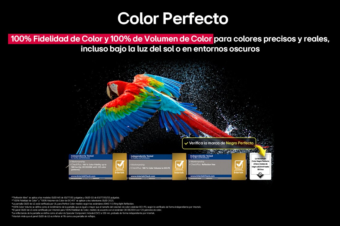 Colorful parrot in ultra-high definition against a black background. Water drops are suspended in the air all around it. The image showcases Perfect Color as each different hue on the parrot's body is vibrant and vivid. The dark background with the detailed water splashes also highlights how the screen is reflection-free. Different logo certifications from UL and Intertek are visible. These refer to its 100% Color Fidelity, 100% Color Volume, and reflection-free claim. Text is also visible, check the Perfect Color certification mark.