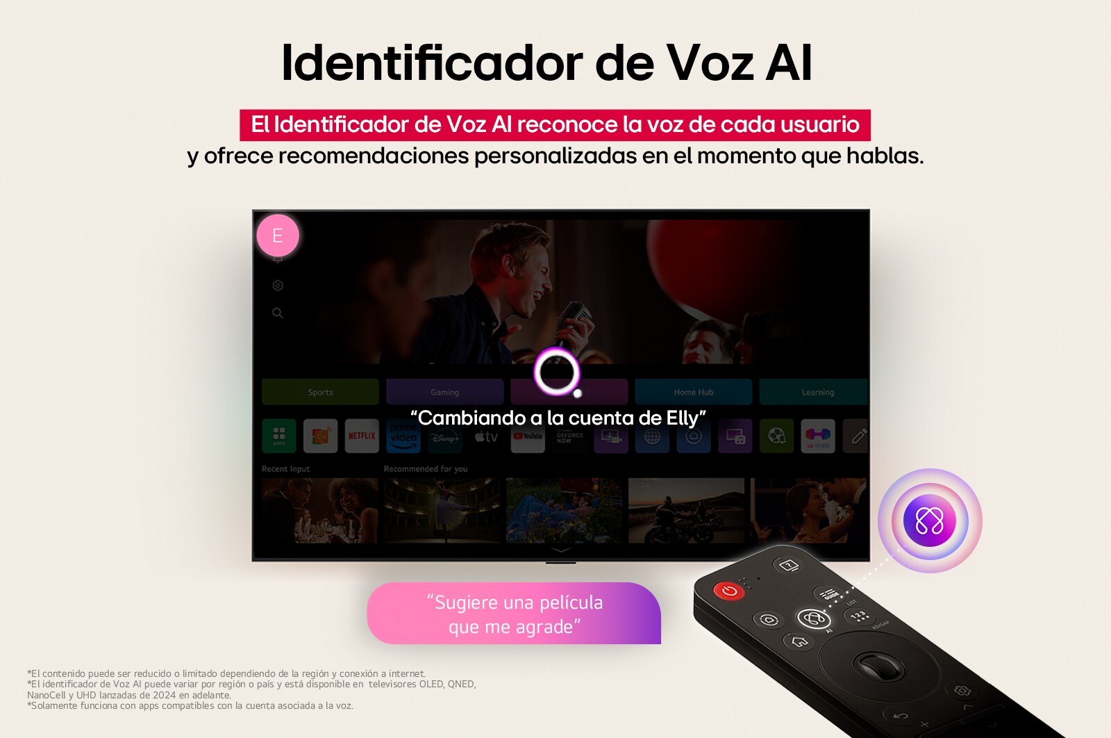 LG TV screen with an AI Magic Remote on the foreground. The AI button is highlighted and a speech bubble shows text, suggest a movie I like. On the screen we see the user icon E, indicating how AI Voice ID was able to identify which user it was and give personalized recommendations just based on their voice. 