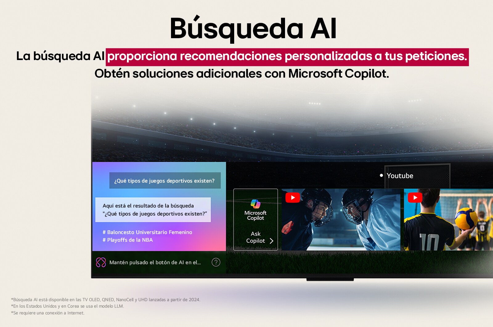 Close-up of an LG OLED TV screen showing how AI Search works. A small chat window is open showing how the user asked for what sports games are available. AI search responded via chat and by showing thumbnails of available content. There is also a prompt to ask Microsoft Copilot. 