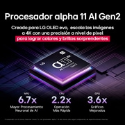 alpha 11 AI Processor Gen2 is against a dark background. It glows with purple and blue light from within illuminating the microchip circuits around it. The title talks about how the processor that is dedicated to LG OLED evo delivers 4K quality, stunning color and brightness with pixel-level precision. Performance statistics are visible. 6.7 times greater AI neural processing, NPU. 2.2 times faster operation, CPU. 3.6 times improved graphics, GPU.