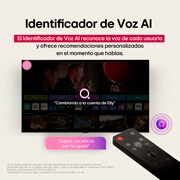 LG TV screen with an AI Magic Remote on the foreground. The AI button is highlighted and a speech bubble shows text, suggest a movie I like. On the screen we see the user icon E, indicating how AI Voice ID was able to identify which user it was and give personalized recommendations just based on their voice. 