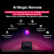 LG AI Magic Remote with the AI button highlighted. Around it are the different functionalities that a user can access from the button. AI Voice ID, AI Search, AI Chatbot, AI Concierge, AI Picture Wizard, AI Sound Wizard. The text explains that the LG AI Magic Remote completes your AI experience with a dedicated AI button and can be used like an air mouse. Just point and click.