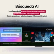 Close-up of an LG OLED TV screen showing how AI Search works. A small chat window is open showing how the user asked for what sports games are available. AI search responded via chat and by showing thumbnails of available content. There is also a prompt to ask Microsoft Copilot. 