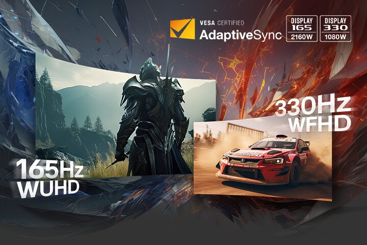 Caballero y coche de carreras con resolución WQHD de 165 Hz y WFHD de 330 Hz.