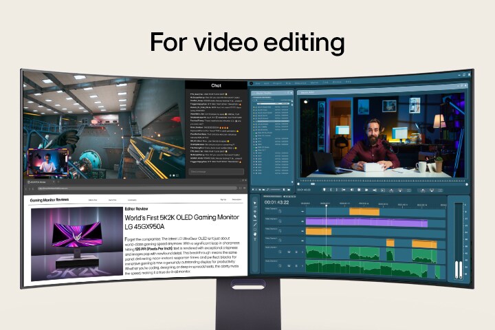 Una configuración multitarea que muestra juegos, edición de video, diseño y videollamadas en varias aplicaciones, todo mostrado en un monitor OLED LG 5K2K.