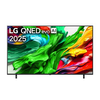 Vista de frente del TV LG QNED evo QNED85, logo de LG QNED evo Al en la esquina superior. El TV LG QNED evo QNED85 muestra texturas coloridas como una pintura que se combinan.