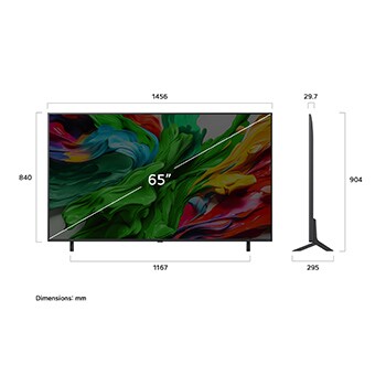 Vista de frente y lateral del Smart TV LG QNED evo AI QNED85 4K en la que se ven sus dimensiones de longitud, ancho, altura y profundidad.