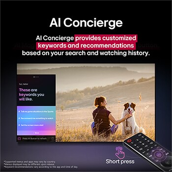 Pantalla de LG TV con un AI Magic Remote de fondo. El botón de IA está resaltado y con un globo de texto: Sugiere una película que me guste. En la pantalla, se muestra el ícono de usuario E, que indica cómo AI Voice ID identificó al usuario y dio recomendaciones personalizadas basándose únicamente en su voz.